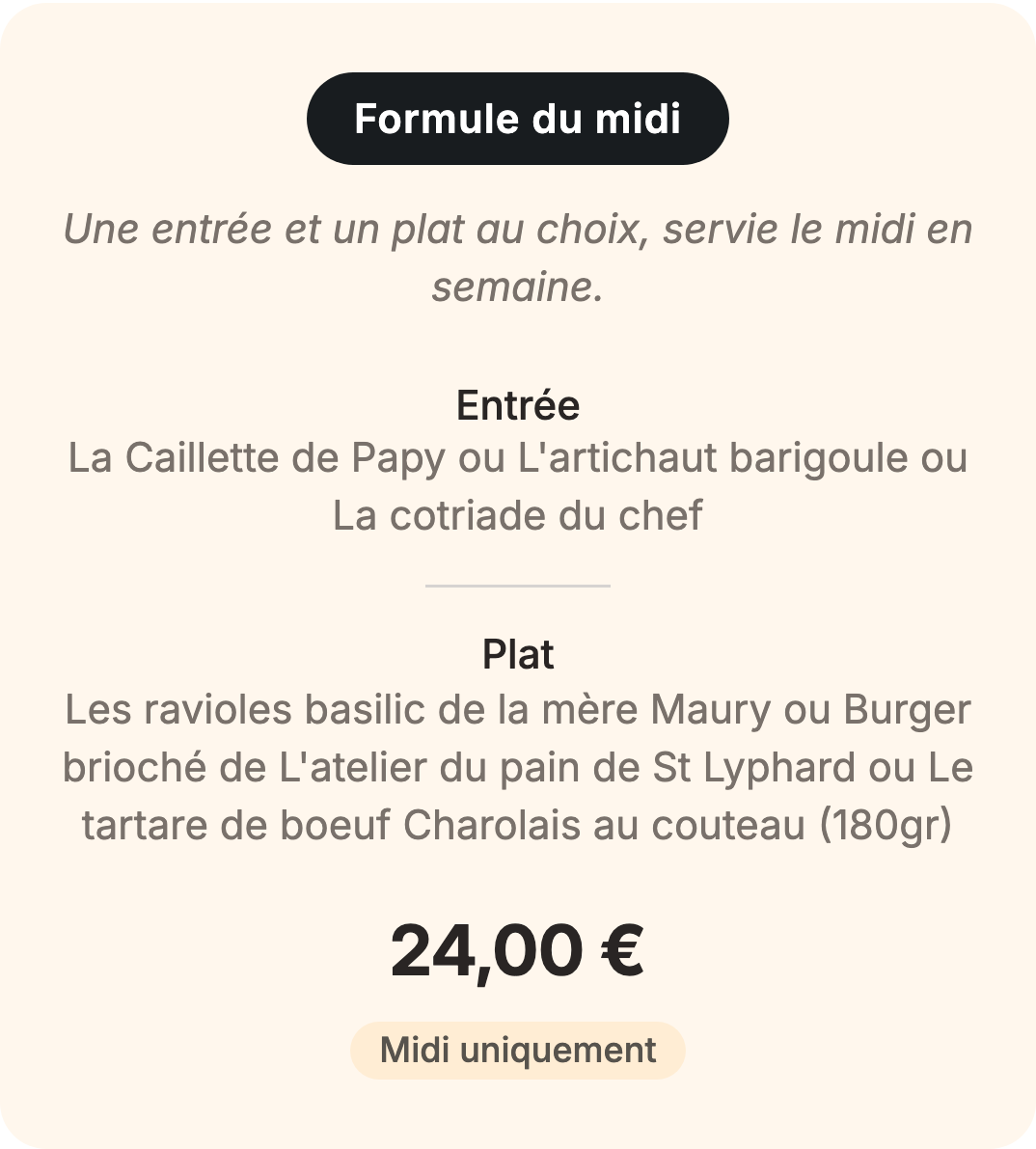 Formule à prix fixe sur la page Kazfeed d'un restaurant