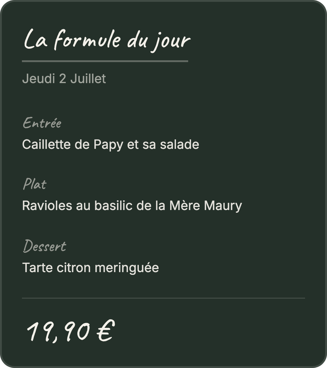 Formule du jour sur la page Kazfeed d'un restaurant