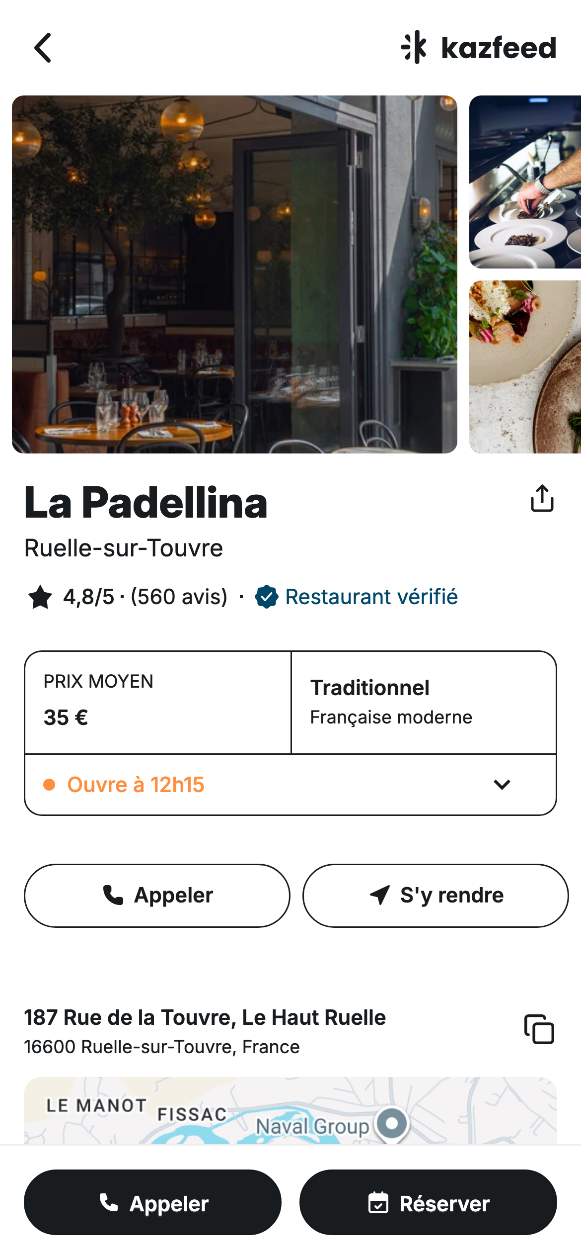 Page restaurant Kazfeed sur mobile