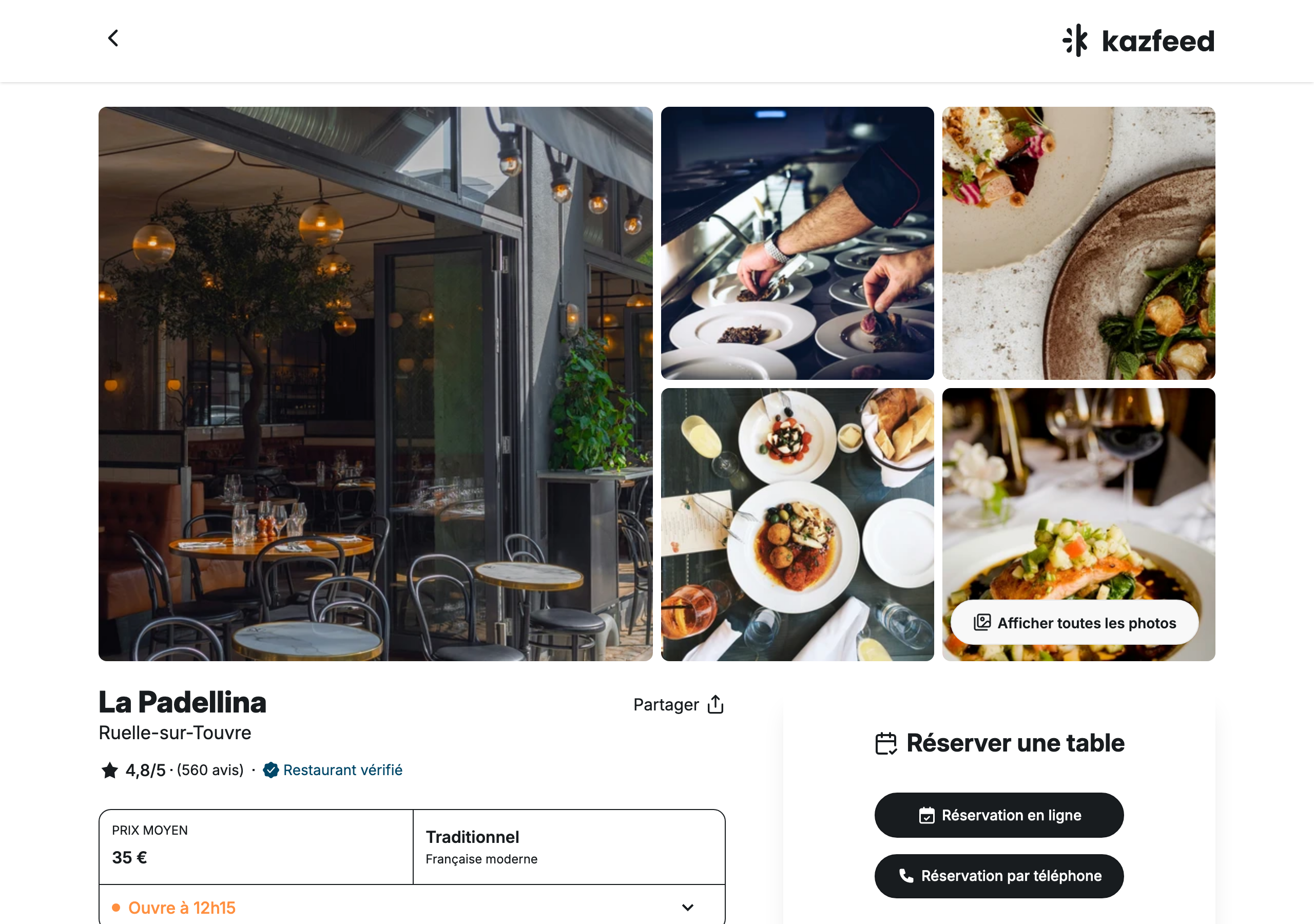 Page publique d'un restaurant sur Kazfeed